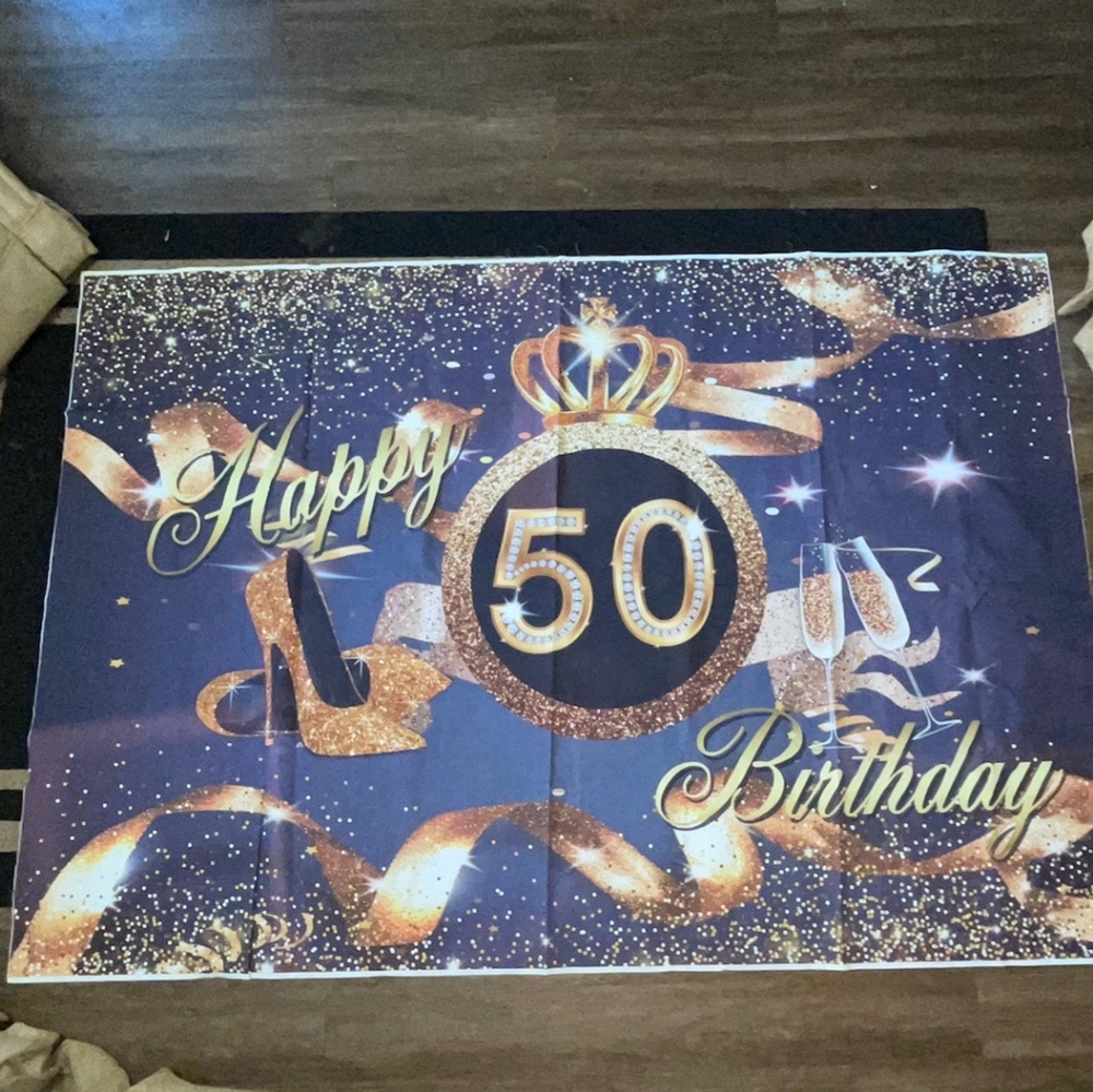 Happy 50th Birthday banner, wall decor, fabric, gold,